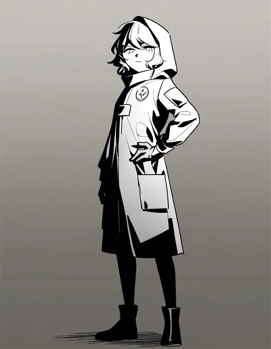 lamiya,anotherstyle,1girl,solo,monochrome,greyscale,coat,hood,gloves,hood up,hand on hip,closed mouth,hooded coat,full body,short hair,standing,looking at viewer,<lora:lamiya_noob>,
masterpiece,best quality,very aesthetic,absurdres,