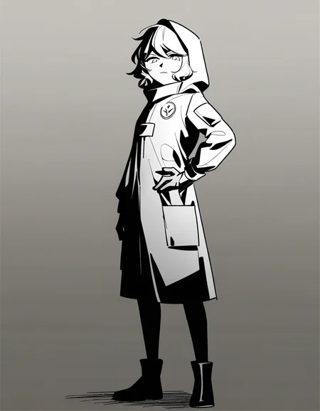 lamiya,anotherstyle,1girl,solo,monochrome,greyscale,coat,hood,gloves,hood up,hand on hip,closed mouth,hooded coat,full body,short hair,standing,looking at viewer,<lora:lamiya_noob>,
masterpiece,best quality,very aesthetic,absurdres,