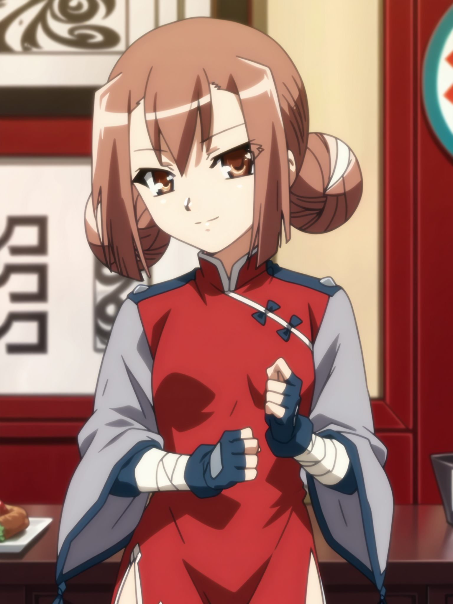 <lora:happy_tentacle-ryomou-v0.2-000011:1>, ht_ryomou, china dress, red dress, grey sleeves, shoulder boards, bandaged arm, fingerless gloves, , cowboy shot, 1girl, (petite:1.2), solo focus, seductive smile, (looking at viewer:1.1), indoors, restaurant, table, (people:1.2), on lap , sidelighting, (depth of field:0.8), , score_9, score_8_up, score_7_up, score_6_up, score_5_up, score_4_up,