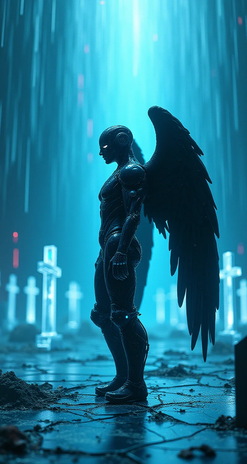 A dark angel in profile, with mechanical wings made of twisted metal and gears, stands at the center of an abandoned, futuristic cemetery. The angel's body is a fusion of organic and mechanical, with glowing cybernetic eyes and veins of blue light running through its dark, armored skin. The cemetery is filled with holographic tombstones flickering in and out of existence, and the ground is made of cracked, glowing neon glass. The sky above is a digital void, with code cascading like rain. The scene is illuminated by a cold, artificial light from below, creating a surreal, otherworldly atmosphere. The camera angle captures the angel from the side, emphasizing the contrast between the dark figure