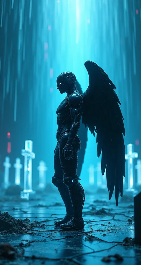 A dark angel in profile, with mechanical wings made of twisted metal and gears, stands at the center of an abandoned, futuristic cemetery. The angel's body is a fusion of organic and mechanical, with glowing cybernetic eyes and veins of blue light running through its dark, armored skin. The cemetery is filled with holographic tombstones flickering in and out of existence, and the ground is made of cracked, glowing neon glass. The sky above is a digital void, with code cascading like rain. The scene is illuminated by a cold, artificial light from below, creating a surreal, otherworldly atmosphere. The camera angle captures the angel from the side, emphasizing the contrast between the dark figure