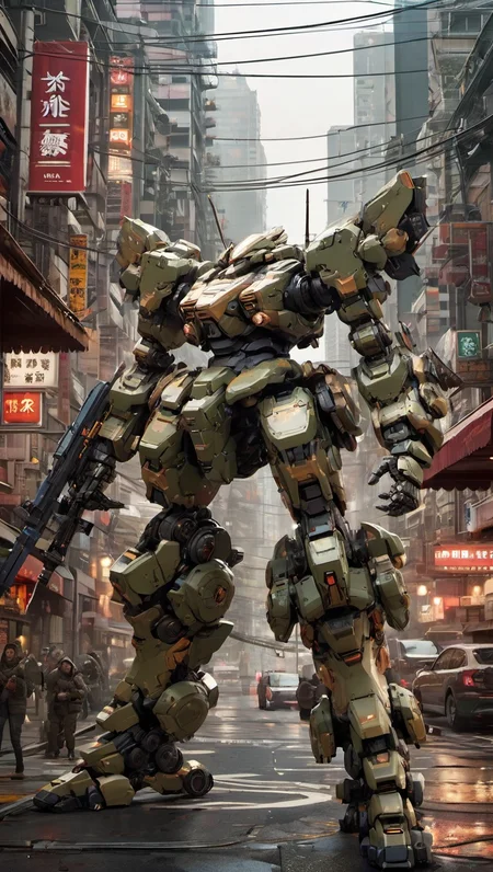 (MRS:1.2), best quality, masterpiece, (ultra-detailed:1.5), mecha robot, (ultra-detailed mecha armor), full armor, (large size mecha:1.5), city, glowing eyes, (full body:1.2), (mechanical parts:1), (robot joints:1), (military parts:1.5), (heroic parts:0.1), cable, (battle-ready:1.2),(powerful stance:1.3),(Detailed eye description:1.2),(huge mechanical weapon:1.2), (detailed weapon description:1.2), (holding weapon and weapon :1.5)<lora:srdxl_v1f:0.4>