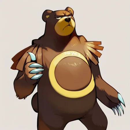 score_7_up, score_8_up, detailed, ursaring, bear, shoulder tassels, circle on belly, claws, pokemon (creature), thumbs up, bored expression, simple background,