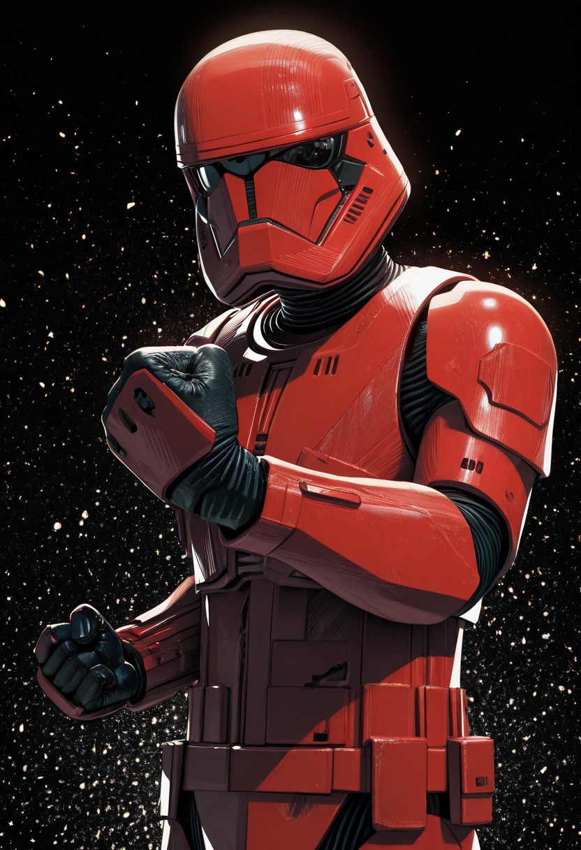 detailed background, cowboy shot, solo, 1boy, SithTrooper, red armor, red helmet, black visor, arm raised in the air, balled fist, black background, detailed scenery, masterpiece, best quality, very aesthetic, newest, masterpiece, best quality, amazing quality, very aesthetic, absurdres, newest,, high res, ultra detailed, best quality, best artwork, detailed eyes, (eyes focus), perfect eyes, big iris, pupils visible, anthro hands, claws, 4k, ultra quality, perfect face, absurdres,masterpiece,best quality,amazing