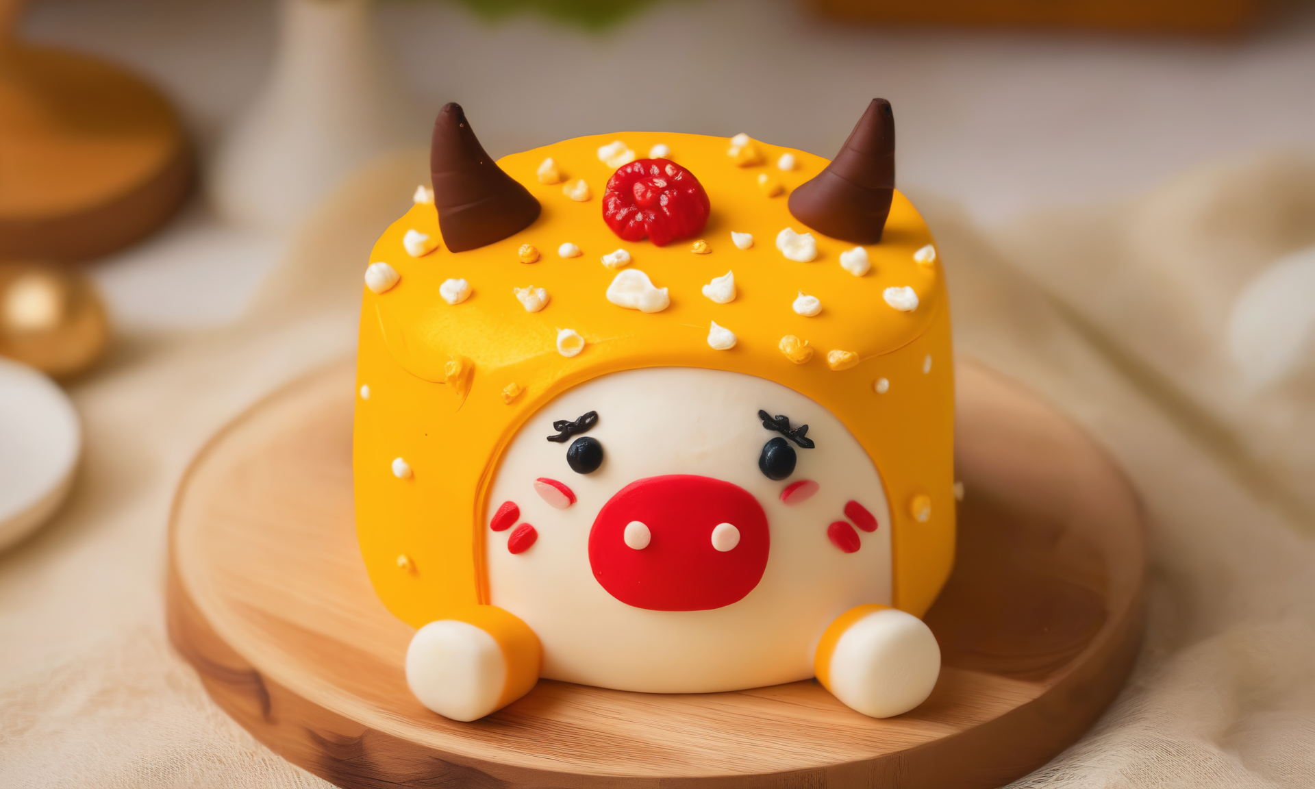gourmet food photo of <lora:cakecd_xl-000005:0.8>,a single tiered cakecd_xl shaped like a ox-chibi was placed on the table,simple background,fine art,detailed,indoors,chinese zodiac,tilt-shift,miniature,cute and lovely,still life,from front,looking at viewer,no humans . soft natural lighting,macro details,vibrant colors,fresh ingredients,glistening textures,bokeh background,styled plating,wooden tabletop,garnished,tantalizing,editorial quality,8K,HDR,UHD,masterpiece,best quality,highly detailed,high resolution,finely detail,extremely detailed,ultra detailed,wallpaper