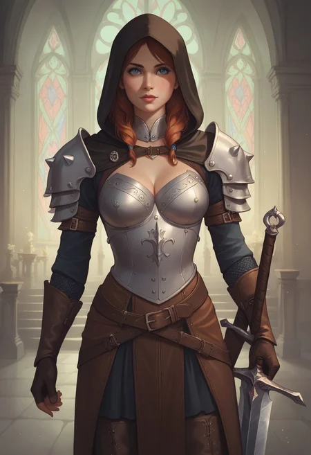 8k resolution, score_9, score_8_up, score_7_up, 22 years, Expressiveh, medieval fantasy, single a sexy brown hair blue eyes girl, big perfect breasts, perfect face, long and hourglass body, detailed eyes, semi realistic, girl heavy armor, sheathed sword, standing, medieval fantasy castle armory, hood down, leather pants