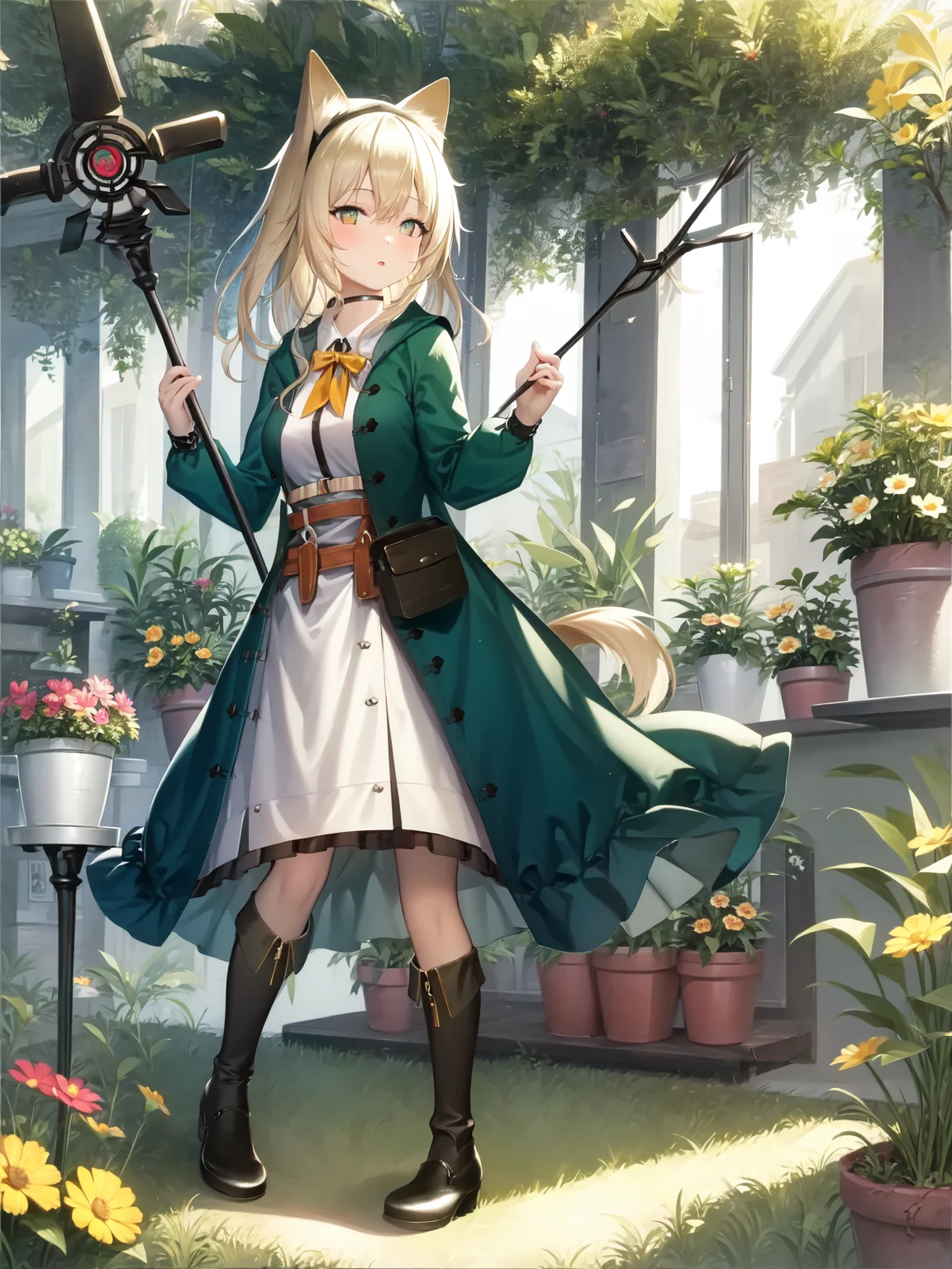 masterpiece, best quality, 1girl, Podenco, a flowerpot, <lora:ptc-000004:1>, holding staff, standing,
