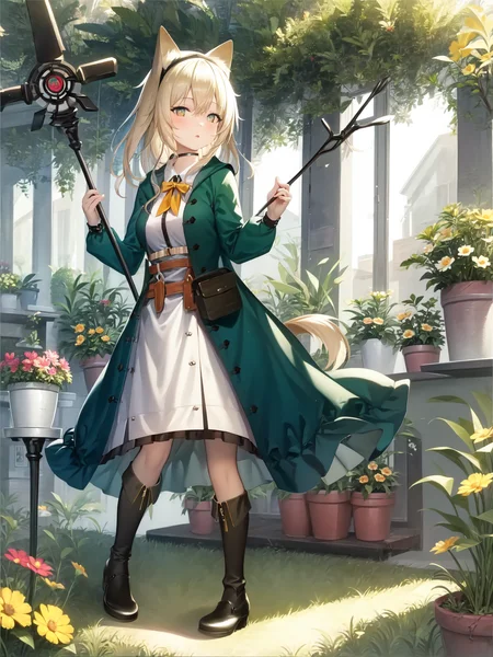 masterpiece, best quality, 1girl, Podenco, a flowerpot, <lora:ptc-000004:1>, holding staff, standing,