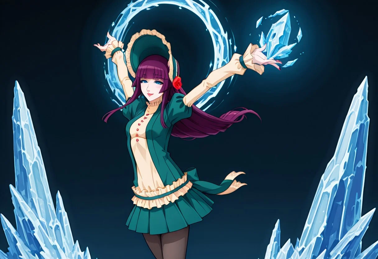 score_9,score_8_up,score_7_up,source_anime,5_figner,2d_animation,game cg,BREKE,1girl,solo,
Loretta Lecarde,purple hair,blunt bangs,hime cut,blue eyes,long hair,red lips.ltfashion,bonnet,pantyhose,red rose,dress,mini skirt,puffy sleeves,button,
small breasts,smile,nail polish,
Magic,crystal,ice,arms up,flying,
black background,
masterpiece,best qualit,ultra-detailed,illustration,an extremely delicate and beautiful,beautiful detailed eyes,unity 8k wallpaper,high resolution,anime CG,official_art,