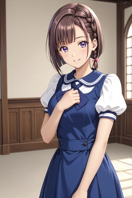 in monastery, (hand on waist, kimura manatsu, short hair, skirt, brown hair, shirt, single side braid hair, bob-cut, standing, school uniform, standing, purple eyes, white shirt, short sleeves, (blue pinafore dress), puffy sleeves, indoors, cowboy shot) 1girl, best quality, cowboy shot, seductive smile, Overall Detail, (slim, looking at viewer, young-adult), large breast, Fix hand <lora:Kimura_Manatsu_ATSK_Pony:1>