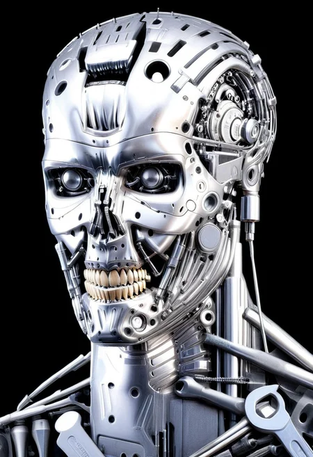 Dutch angle, front view, a t800 terminator, entire made by <tools-world-morph>, ultra details, ultra quality, masterpiece, dark black background, made by small tools details
