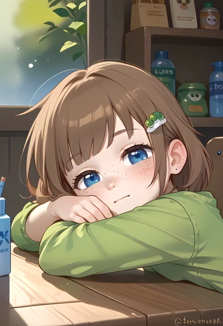 score_9, score_8_up, score_7_up, score_6_up, score_5_up, score_4_up<lora:Lily_Hopkin_pony:0.8>a cartoon girl in , 1girl, freckles, brown hair, bandaid, blue eyes, solo, , short hair,, hair ornament, , looking at viewer,,,Lily Hopkins, <lora:head_rest_arm_rest_pony_1:1> head rest arm rest, 1girl, sleeping, table,green shirt,, (portrai shot, upper body)