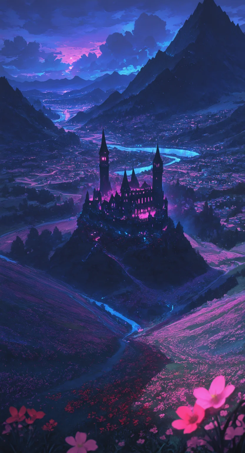 masterpiece, best quality, good quality, very awa, newest, highres, absurdres, flower, outdoors, sky, day, cloud, blurry, tree, no humans, sunlight, grass, cloudy sky, red flower, building, scenery, nature, pink flower, city, mountain, road, architecture, field, bridge, river, mountainous horizon, castle, tower, landscape, path, hill, town, village,
night,moonlight, limited palette, glowing, psychedelic, <lora:illustriousXL_stabilizer_v1.23:0.3> <lora:NOOB_vp1_detailer_by_volnovik_v1:0.3> <lora:ponyv6_noobE11_2_adamW-000017:0.3> <lora:114558v4df2fsdf5:0.6> <lora:XXX667:0.4> <lora:mon_monmon2133:0.5>