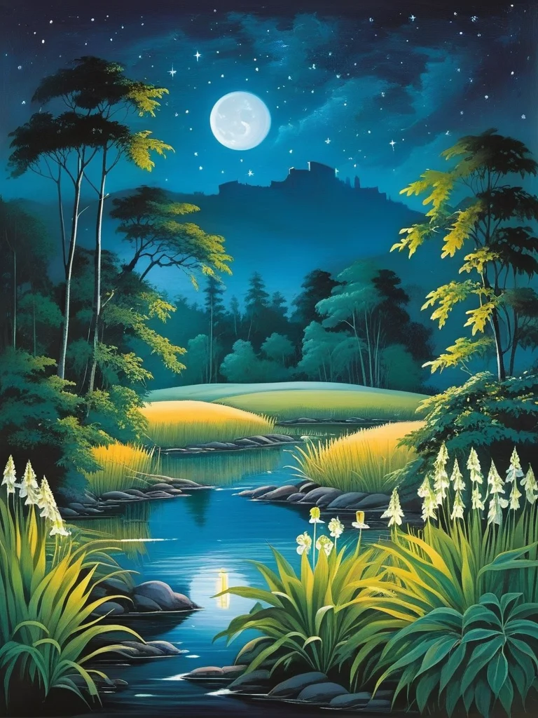 <lora:NatureLandscapePainting01_Hap_XL:1>, a fantastic landscape at night covered in magical plantlife,