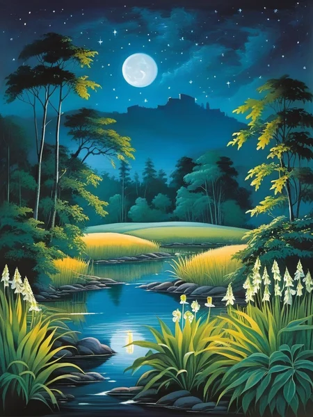 <lora:NatureLandscapePainting01_Hap_XL:1>, a fantastic landscape at night covered in magical plantlife,