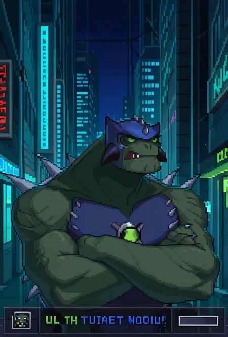 <lora:ulthum-09:1> ulthum, spikes, solo, no humans, green eyes, green skin,, , 1boy, , blue helmet <lora:PixelStyle-GLora-Illustrious-V1:1> modern pixel art, retro pixel art, pixelated, retro, night city, glowing lights, massive character, neon tokyo, upper body, text box, video game, visual novel, crossed arms, underbite, fang,, masterpiece, best quality, amazing quality, very aesthetic, absurdres, newest,