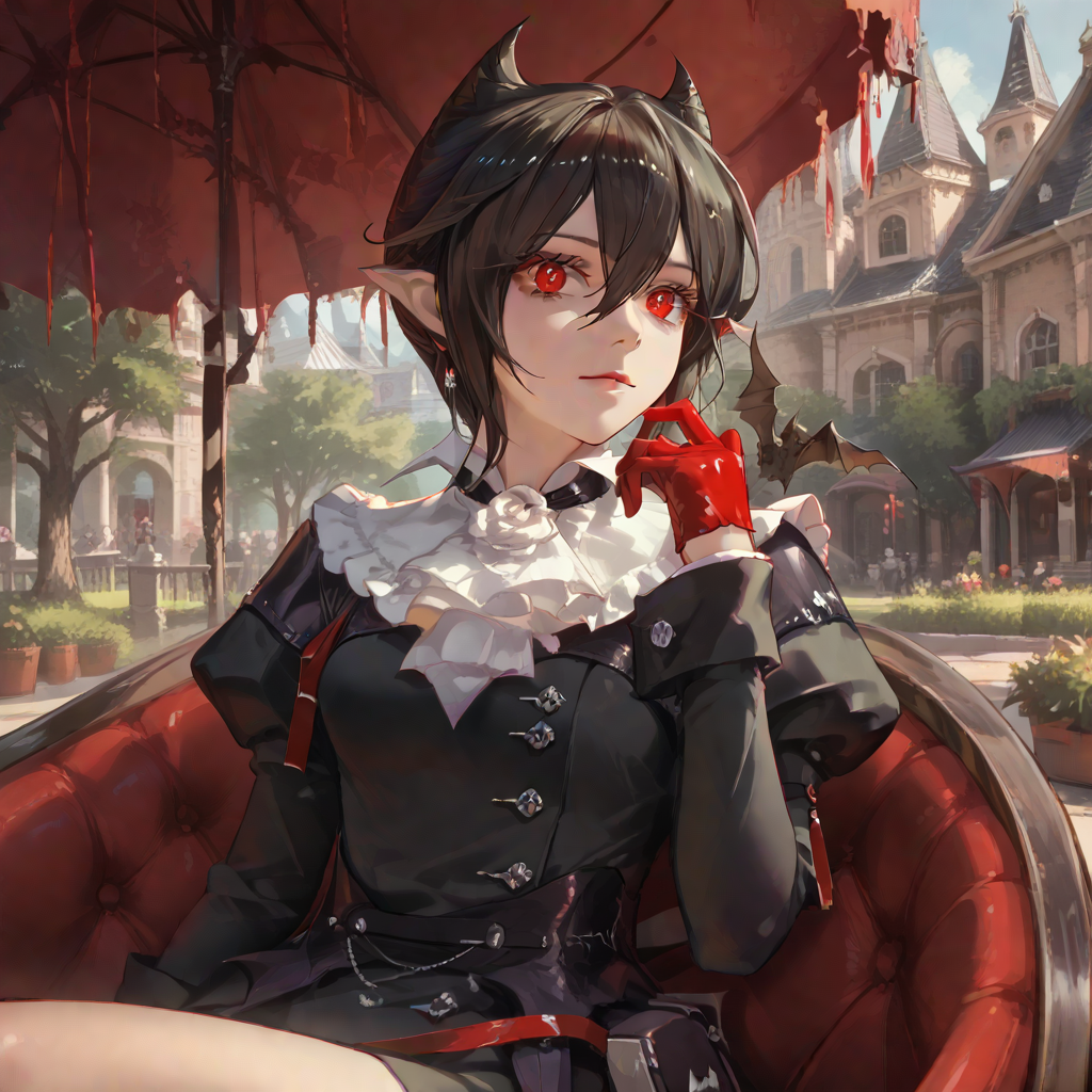 ray tracing, entelechia \(arknights\) with red eyes, pointy ears, black hair, gloves, red gloves, bat (animal), portrait, vampire, black star-shaped pupils, 1girl, solo,, street, score_9, score_8_up, score_7_up, masterwork, masterpiece, best quality, realistic, ambient occlusion, depth of field, portrait, (((dynamic angle))), realistic painted face, painterly, vibrant colours, in lush style, extremely detailed eyes BREAK , bat \(animal\), BREAK fantasy, luxurious furniture, , vaulted ceiling, baseboards, reclining, day, soft light,