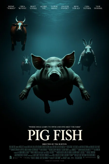 mvpstr. Epic Movie poster for "Pig Fish", Directed by Tim Burton. A dark, whimsical Tim Burton-style poster with a large pig, swimming underwater with fish fins and a wide-eyed expression. The background is a murky, fantastical underwater world with other bizarre hybrid creatures floating around, like octopus-cows and angler-bunnies, each glowing eerily in the Burton-esque gloom. Tagline: "Where Hogs Learn to Swim and Fins Meet the Farm!" <lora:schnell_v1.0:1.0> <lora:EpicMoviePoster-000015:1.0><lora:783025435161320991:0>