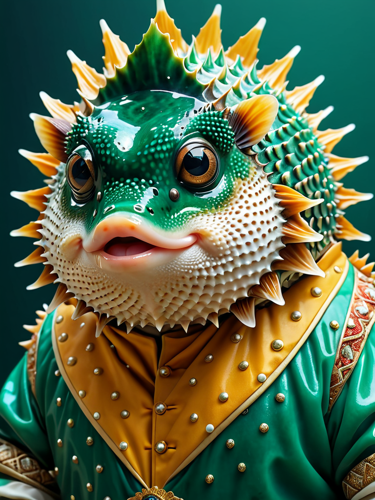 (best quality, absurdres, masterpiece), high quality, photo realistic, 4k, Fantastic lighting. Detailed shadows, vivid colors, ultra-sharp, 8k , intricate details, Pufferfish trying on spiky outfits made of jade , 
 <lora:Obsidian_Jade_Style:0.8> <lora:moreToppingsCaptioned-SDXL:0.5>