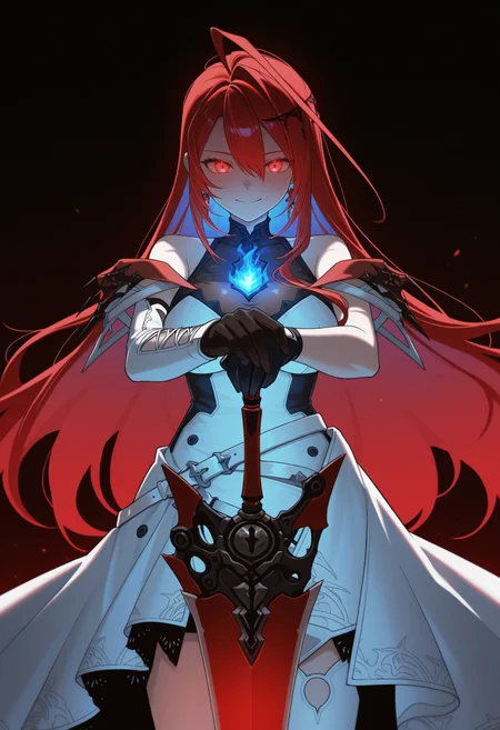 masterpiece, best quality, 1girl, solo, ElizabethRB, red eyes, red hair, colored inner hair, long hair, huge ahoge, hair ornament, earrings, sleeveless dress, white dress, asymmetrical dress, see-through cleavage, white belt, white jacket, off-shoulder, blue fire, fire on chest, black glove, single glove, white thighhighs, single thighhigh, holding sword, planted sword, looking down, looking at viewer, high contrast, dark theme, darkness, blue theme, glowing eyes, eye trail, smile, commanding, assertive female, <lora:ChamElizabethRoseBloodflameIllustriousXL:1>