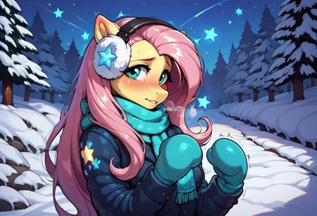 score_9, score_8_up, score_7_up, score_6_up, semi-realistic artwork, detailed background, high quality, vibrant colors, best quality rendering, intricate details, high resolution, sharp focus, best render quality, (background-winter forest, snow, night, stars, glowing stars), close up view, focus on face,
1girl, solo, Fluttershy (anthro pony), 18 yo, long hair, narrow shoulders, skinny, shiny skin, small perky breasts,
wearing a winter coat, scarf, mittens, fluffy winter earmuffs,
dynamic pose, shivering, 
shy, blush, blushing, embarrassed, looking back at viewer, hot breath,