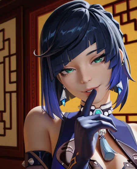 masterpiece, best quality, amazing quality, highres, absurdres, intricate detail, 3d, realistic, detailed skin, <lora:CakiiBB_style_ILLUS-000008:1> , yelan \(genshin impact\), sleeveless, elbow gloves, chinese clothes, finger to mouth, parted lips, seductive smile, portrait, head tilt, close up,
