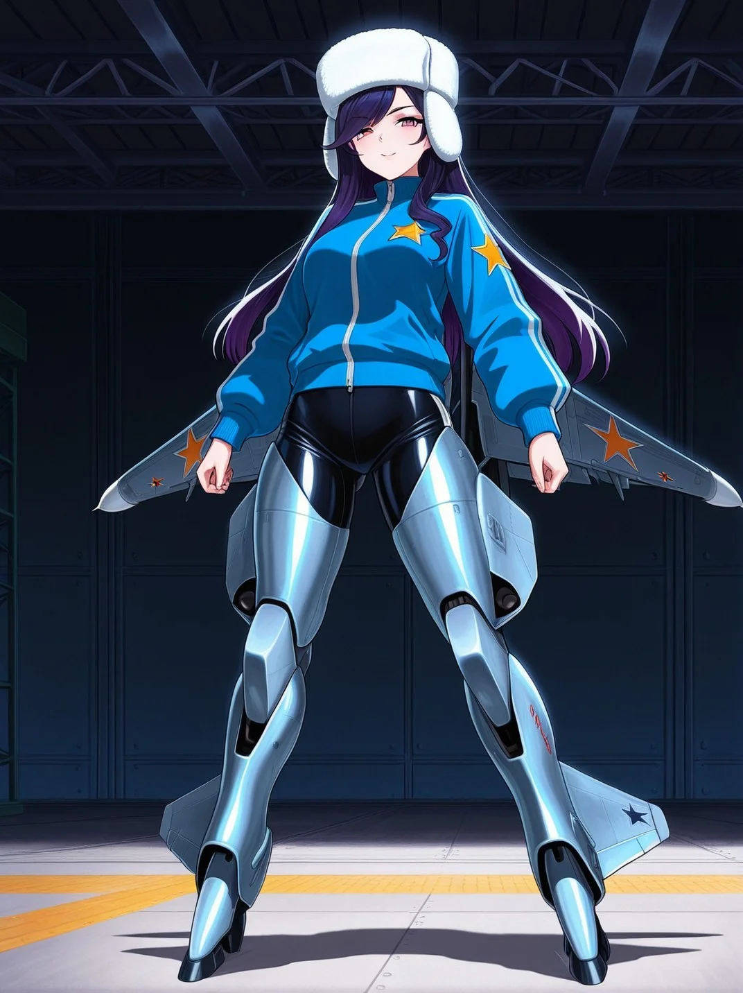 <lora:Su-27_Illustrious:1.1>,su-27 fighter jet, 1girl, (mecha musume:1.3), sporty tracksuit, ushanka, metallic wing accents, five‑star rarity badge glowing beside her, hangar backdrop, confident pose, anime illustration, vibrant cel shading, masterpiece, best quality, amazing quality