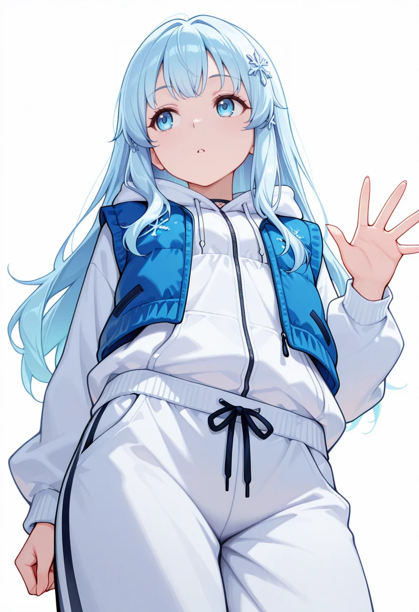 Smooth Quality,masterpiece,very intricate, high quality details, ultra realistic, high detailed skin,detailed enviorement,absurdres,
waving ,
<lora:Yusa_CNR:0.8> yusa_cnr,1girl, blue hair, long hair, bangs, blue eyes,snowflake hair ornament,gradient hair,, crazy,, simple background, white background, from below,solo,, hoodie, ,button-up vest, ,sweatpants, ,