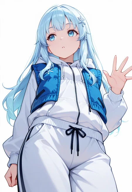 Smooth Quality,masterpiece,very intricate, high quality details, ultra realistic, high detailed skin,detailed enviorement,absurdres,
waving ,
 <lora:Yusa_CNR:0.8> yusa_cnr,1girl, blue hair, long hair, bangs, blue eyes,snowflake hair ornament,gradient hair,, crazy,, simple background, white background, from below,solo,, hoodie, ,button-up vest, ,sweatpants,  ,