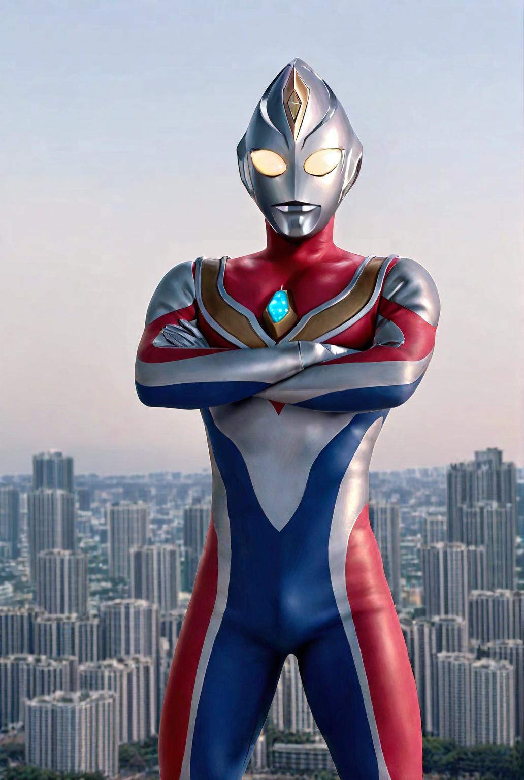 very awe,aesthetically pleasing,masterpiece,best quality,amazing quality,very aesthetic,ultra-detailed,high resolution,8k,1boy,solo,cowboy shot,male focus,detailed face,tokusatsu,alien,bodysuit,glowing eyes,yellow eyes,multicolored bodysuit,dyn4 flash,standing,crossed arms,giant,looking at viewer,cityscape,<lora:Ultraman Dyna:0.8>,