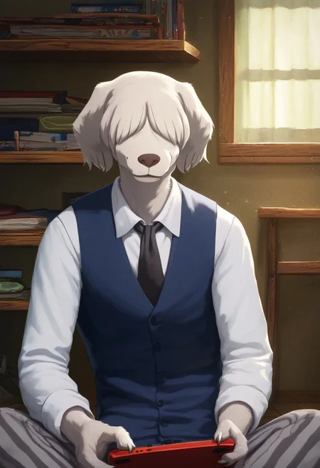 score_9_up, score_8_up, score_7_up, masterpiece, best quality, amazing quality, very aesthetic, absurdres, newest, high quality, detailed, male, solo male, Collot, 1boy, mature male, male, athletic build, anthro, english sheepdog, animal ears, bangs covering eyes, white fur, floppy ears, white collared shirt, blue vest, black tie, grey striped pants, dorm room, smiling, sitting cross legged on floor, holding handheld game console, looking up at viewer