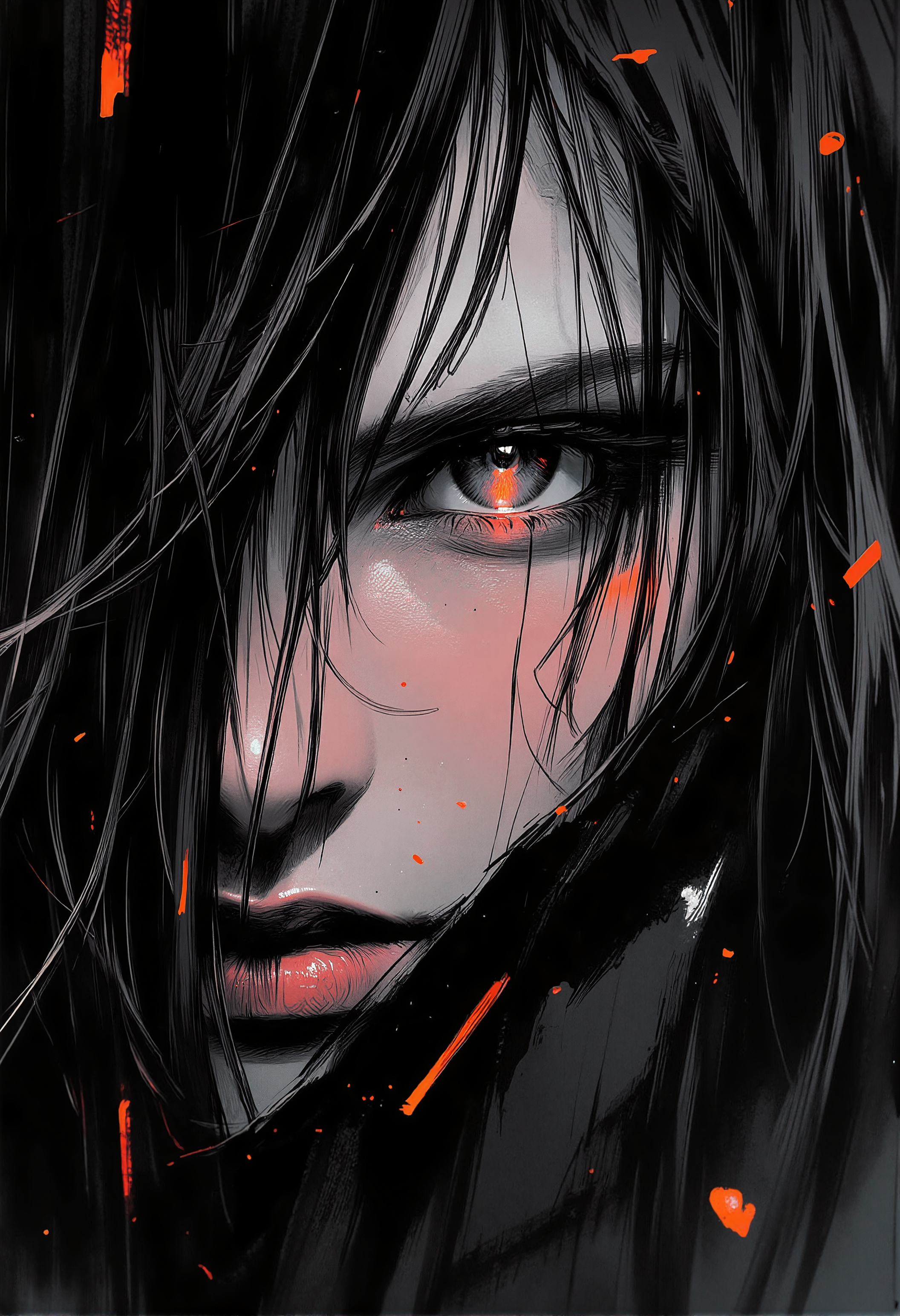 bv-anibrush, xslx scribble. A close-up of a strikingly beautiful young woman in a dark, futuristic dystopian cityscape at night, her salt and pepper hair flowing slightly disheveled, blending into the shadows. The faint glow of distant neon signs reflects off her sharp facial features. Her glowing eyes pierce through the surrounding darkness, capturing a sense of intensity and focus. The camera focuses on her face and hair, highlighting her determined expression and the subtle roughness of the art style with sketch-like textures, seen from slightly from behind, her hair framing her face as she looks over her shoulder, <lora:bv-anibrush-v1-flux.safetensors:1.0:1.0> <lora:Risograph_Style_FLUX_by_Ethanar-000001.safetensors:1.0:1.0> <lora:scribble-flux-v1.safetensors:0.5:0.5>