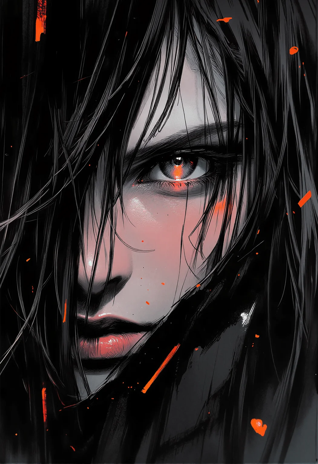 bv-anibrush, xslx scribble. A close-up of a strikingly beautiful young woman in a dark, futuristic dystopian cityscape at night, her salt and pepper hair flowing slightly disheveled, blending into the shadows. The faint glow of distant neon signs reflects off her sharp facial features. Her glowing eyes pierce through the surrounding darkness, capturing a sense of intensity and focus. The camera focuses on her face and hair, highlighting her determined expression and the subtle roughness of the art style with sketch-like textures, seen from slightly from behind, her hair framing her face as she looks over her shoulder, <lora:bv-anibrush-v1-flux.safetensors:1.0:1.0> <lora:Risograph_Style_FLUX_by_Ethanar-000001.safetensors:1.0:1.0> <lora:scribble-flux-v1.safetensors:0.5:0.5>