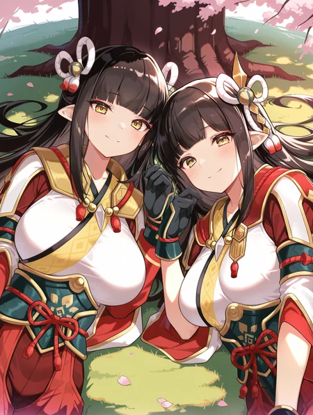 4 finger hands,twins,minoto,hinoa,2girls,looking at viewer,smile,lying,blush,closed mouth,large breasts,red eyeliner,upper body,side hair ornament,white japanese clothes,black partially fingerless gloves,red hakama skirt,double hair ornament,white kimono,red sleeves,black gloves,lying,grass,under tree,cherry blossoms,petals,from above,
masterpiece,best quality,amazing quality,very aesthetic,absurdres,newest,<lora:Minoto and Hinoa illuXL v1.1:0.86>,