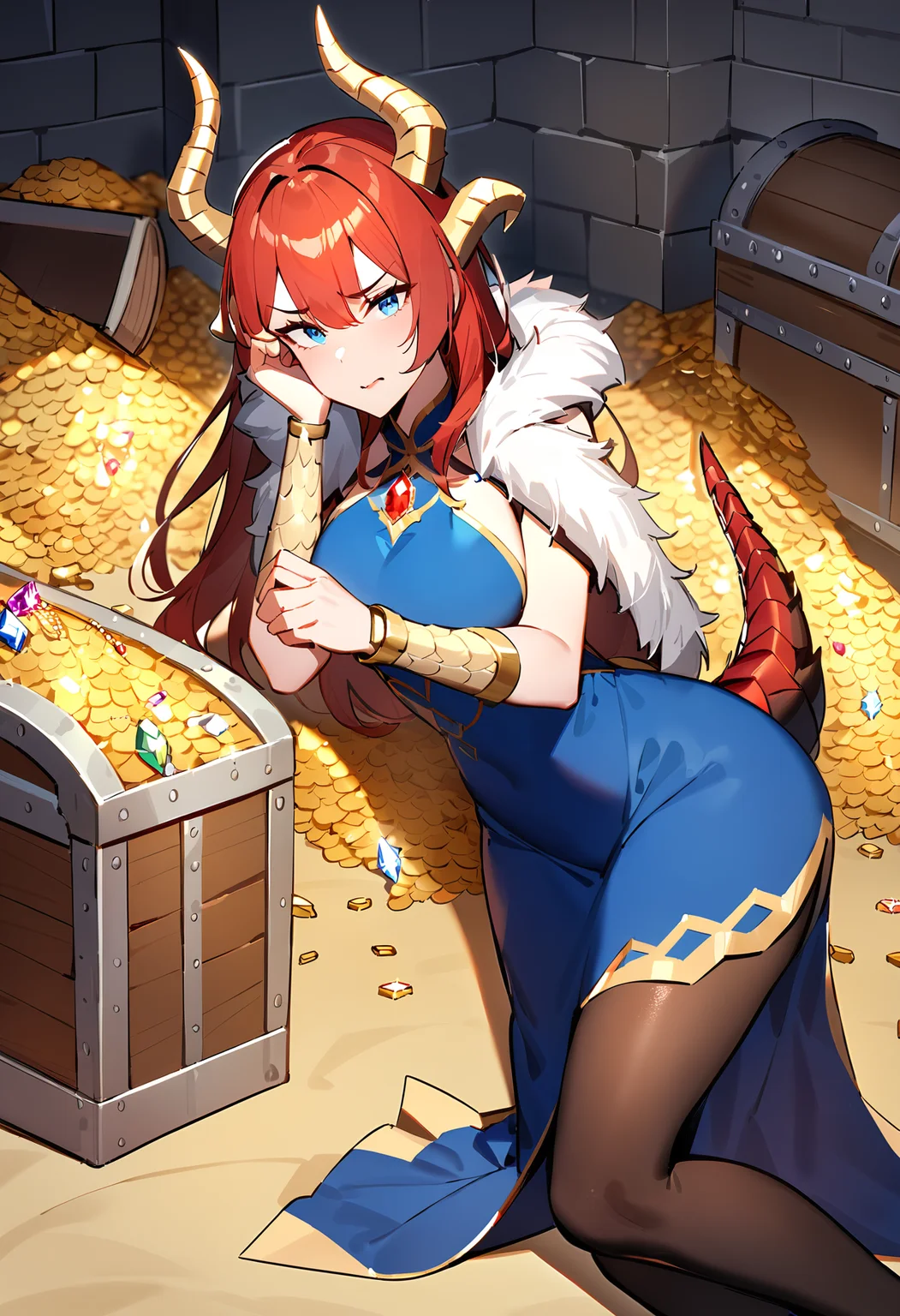 masterpiece, best quality, very aesthetic, absurdres, soft shadows, 1girl, mature female, treasure-room,treasure, gem, jewellery, treasure chest, gemstone, lying sideways, restrained, red hair, blue eyes, dragon girl, horns, dragon tail, scales, safe, armored dress, blue dress, fur trim, pantyhose, arm support, looking at viewer, straight-on, upset, room, stone walls, banner on wall, torch on wall, furrowed brow, hand on own cheek
<lora:treasure room (animagine) v1:0.9>