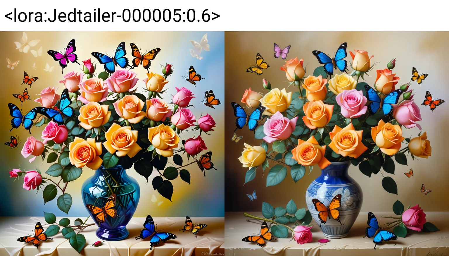 a bunch of roses in a vase surrounded by butterflys, masterpiece, full of details, vivid colours, positive emotional, Jed-dtl, <lora:Jedtailer-000005:0.6>