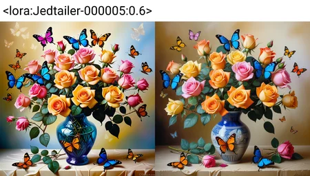 a bunch of roses in a vase surrounded by butterflys, masterpiece, full of details, vivid colours, positive emotional, Jed-dtl, <lora:Jedtailer-000005:0.6>