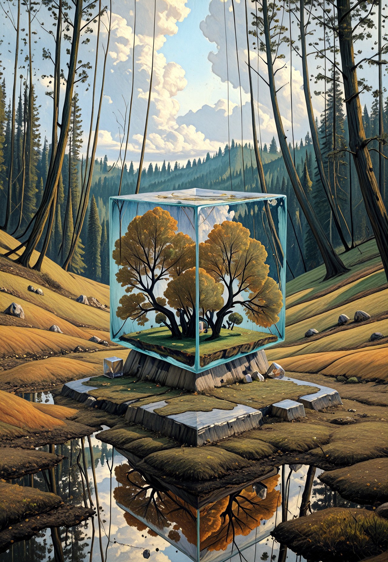 masterpiece, very aesthetic, absurdres, best quality, 1MPR3SS1ON1SM, oil painting, traditional media, This image is a highly detailed CGI artwork showcasing a surreal, nature-inspired scene. The focal point is a large, transparent cube hovering in mid-air, with its transparent walls reflecting a breathtaking landscape of mountains and forest. The cube is positioned centrally in the image, its glass-like surface capturing a perfect reflection of a verdant valley with towering, jagged mountains in the background, their peaks shrouded in a thin layer of cloud.