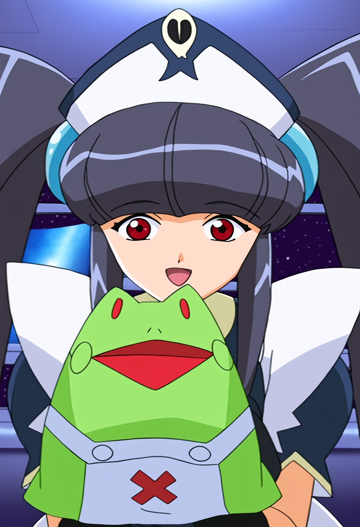 high quality, highres,
1girl, paiway underberg, solo,red eyes,looking at viewer, :d,paiway outfit,long hair, bangs, black hair, twintails, ponytail, blunt bangs, nurse cap,  gloves,indoors, space, hand puppet, portrait,  frog puppet,
