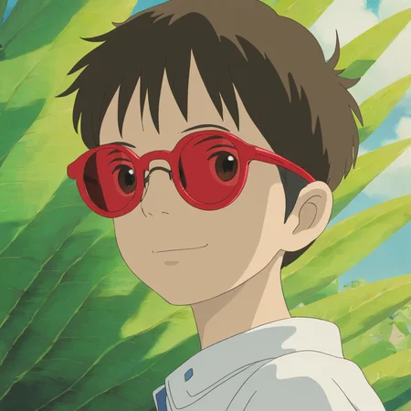 A boy wearing red sunglasses,
, StdGBRedmAF, Studio Ghibli, <lora:StdGBRedmAFPashDebiCOMTE:1>