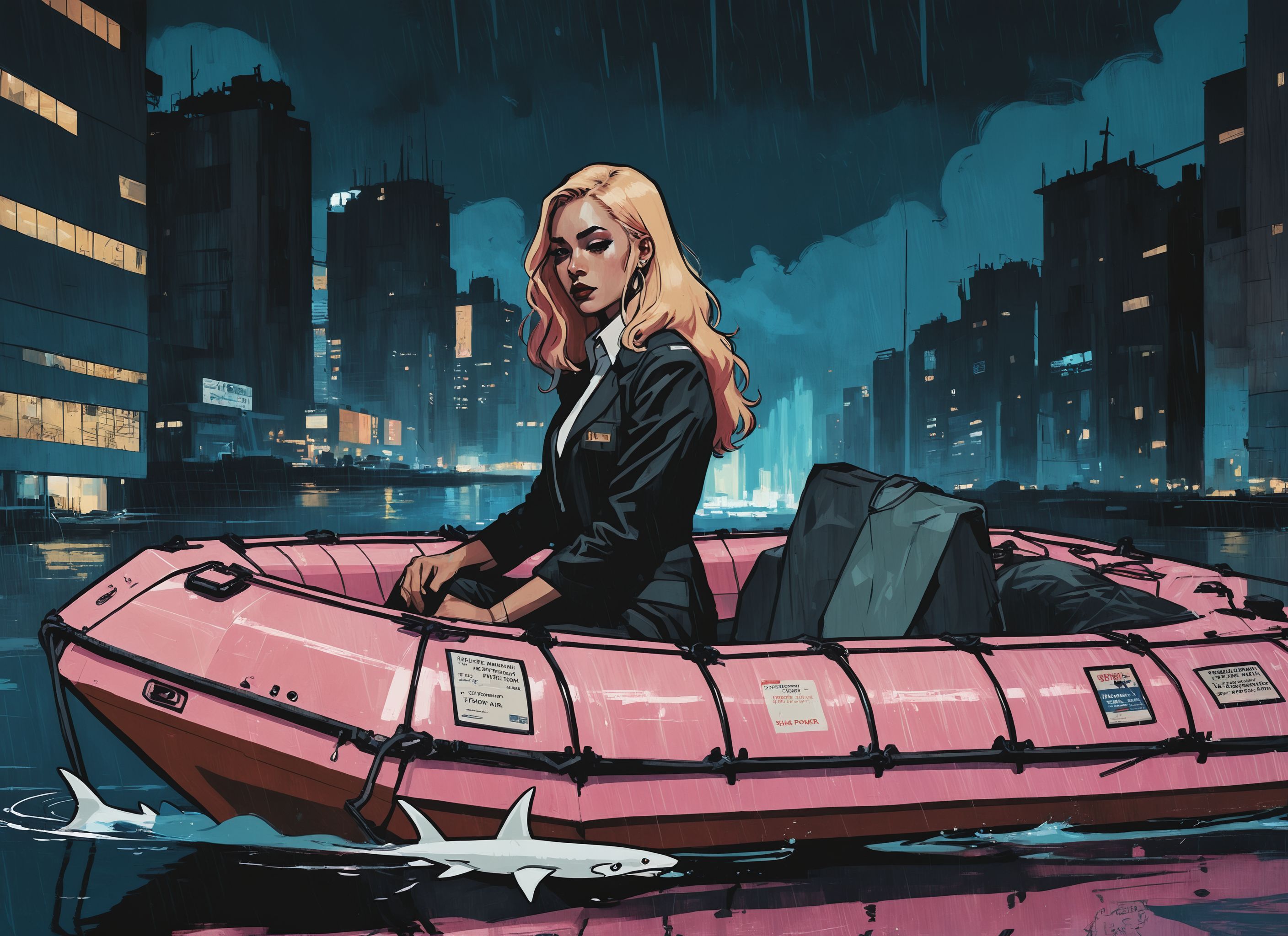 (INDIA), nighttime, cyberpunk city, dark, raining, neon lights , (<lora:DiscoDeliriumXL-v1.2:0.5> disco elysium ), cyberpunk, synthwave, 1980s, futurism, brutalism, neuromancer, cinematic photo in a life raft, ((pinkfong baby shark)),detailed hair, long hair, dirty blonde hair,Power girl, supergirl, blonde,art by Antoine Le Nain, art by Antoine Verney-Carron,art by Adrian Tomine
