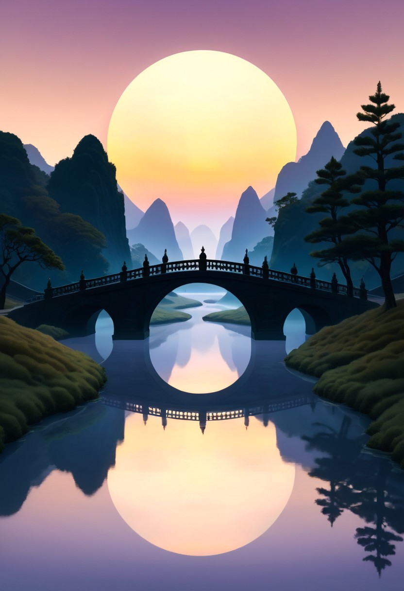 A SimpleIllustration of A serene, glass-like river reflects a twilight sky, with silhouetted figures in old-fashioned attire walking across a bridge that creates an illusion of a cosmic portal. Symmetrical scenery evokes ancient cultural symbols and mystical gateways. Muted luminous colors wash over the scene. Digital painting, East Asian aesthetics, golden lighting, intricate textures, symmetrical composition, circular vignette, serene atmosphere, fantasy elements, fine-art style, symbolic imagery.