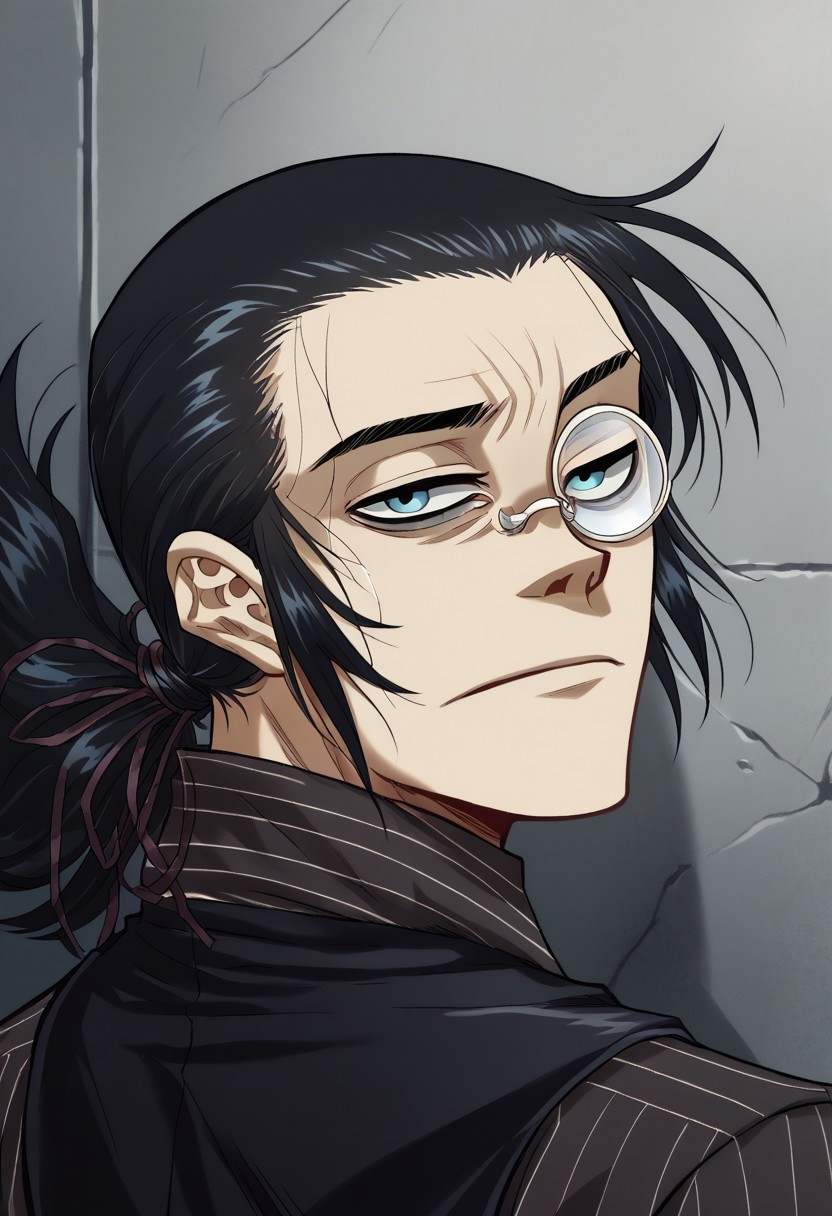 score_9, score_8_up, score_7_up, score_6_up, in hewlls artstyle, digital illustration,
1boy, portrait, solo, DarkWalter, blue eyes, black hair, back slicked ponytail, red hair ribbon, monocle, monocle over left eye, black tie, black vest, black pinstripe shirt, looking at viewer,
