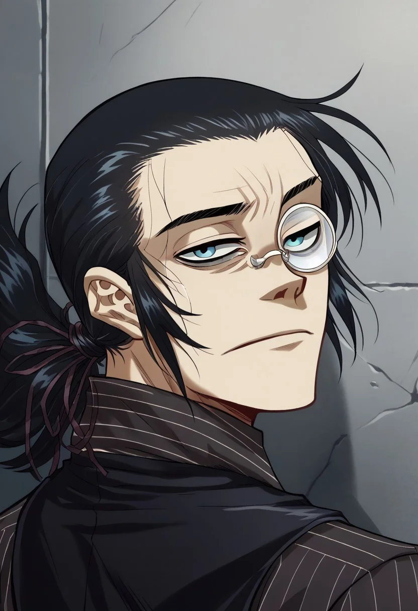 score_9, score_8_up, score_7_up, score_6_up, in hewlls artstyle, digital illustration,
1boy, portrait, solo, DarkWalter, blue eyes, black hair, back slicked ponytail, red hair ribbon, monocle, monocle over left eye, black tie, black vest, black pinstripe shirt, looking at viewer,