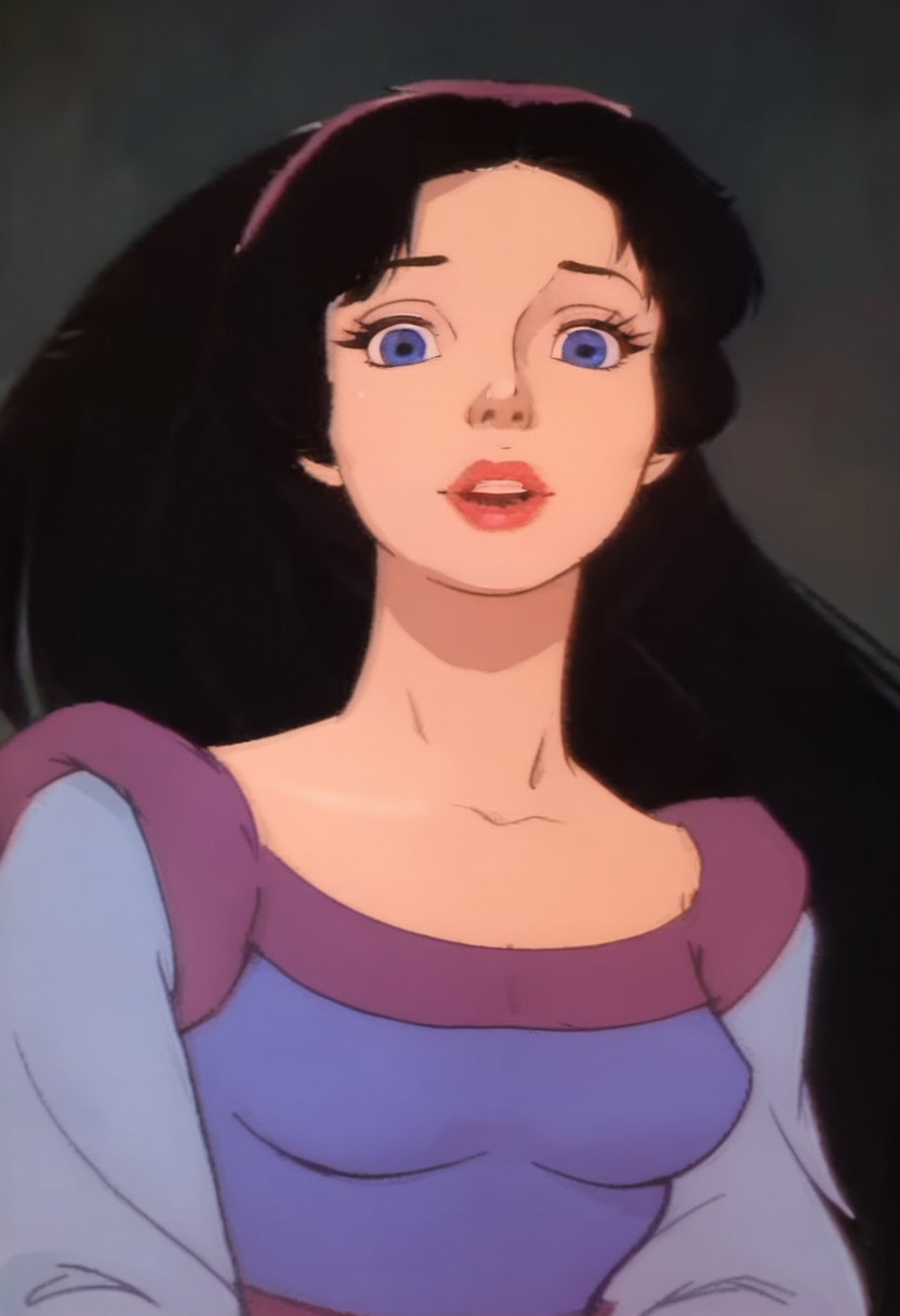 score_9_up, score_8_up, score_7_up, 1980s (style), retro artstyle, source_cartoon, rating_safe, solo 
HEASnowWhite, 1girl, black hair, long hair, very long hair, ponytail, hairband, blue eyes, red lips, lipstick, breasts, long sleeves, puffy sleeves, dress, blue dress, purple dress,
solo, upper body, dutch angle, looking at viewer,
