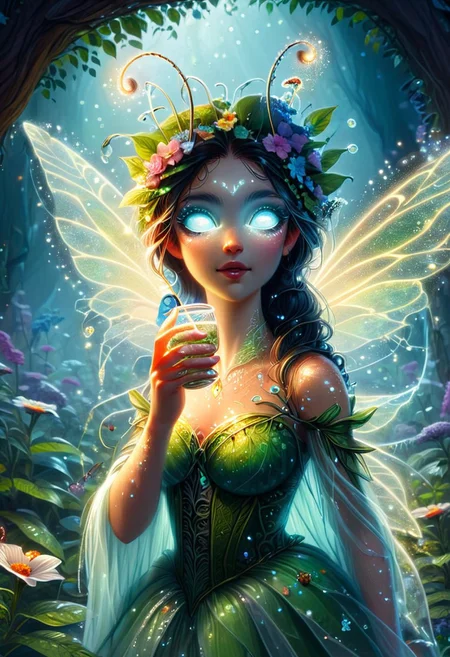 Glimmerborn, a small fairy covered in flowers, drinking a dew drop from a leaf