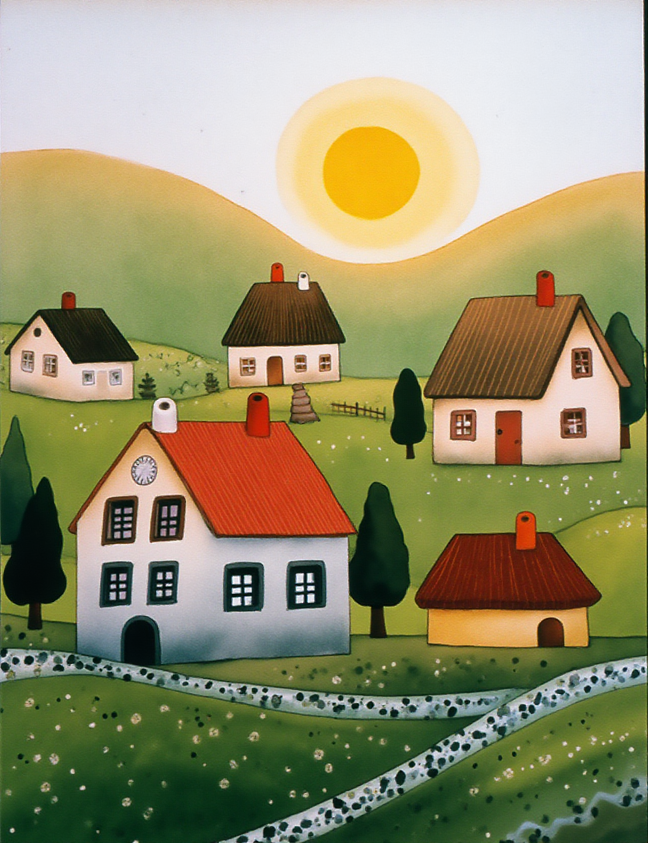 Folk tale in the style of hunfolstyle, houses in the background, trees, sun at the top of the image, small village it the front 
