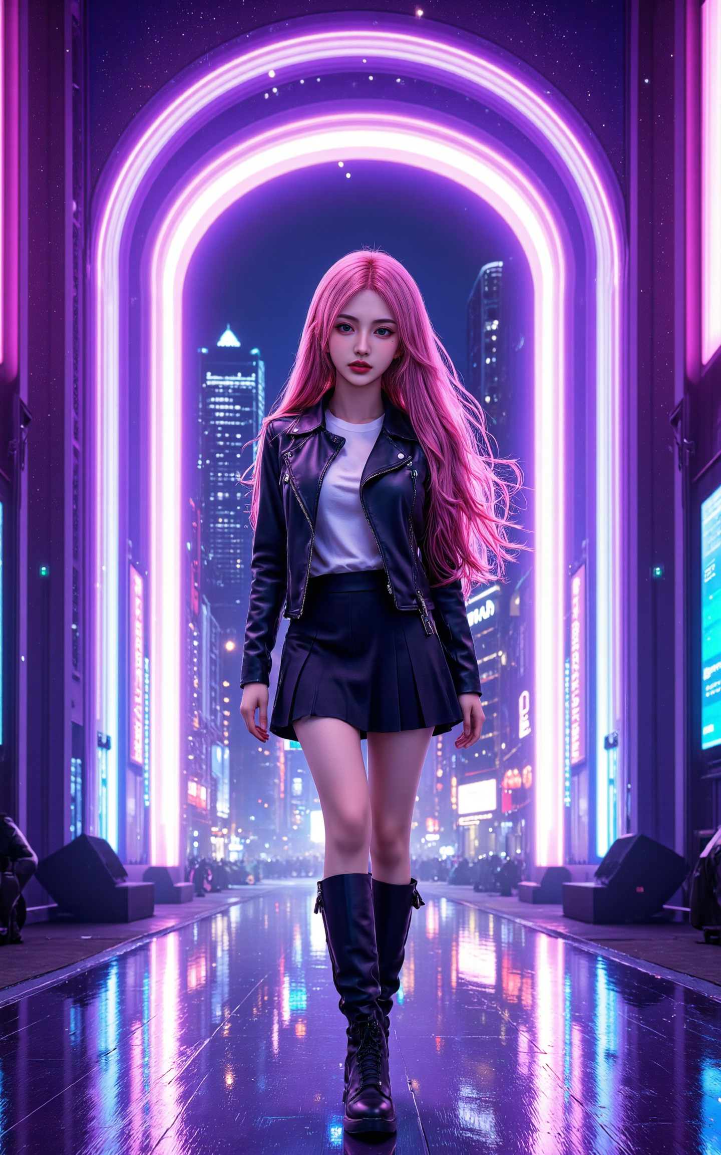 A stunning 20-year-old girl with long,flowing pink hair and green eyes,dressed in a sleek black leather jacket,a pleated black skirt,and knee-high black boots. She confidently walks across a neon-lit cyberpunk stage while skillfully playing an electric guitar. The stage floor beneath her shimmers with a crystal-like effect,reflecting the vibrant hues of the futuristic lighting. Behind her stands a massive,futuristic doorway,enveloped in a glowing purple energy ring,pulsating with a soft,otherworldly light. The cyberpunk city skyline looms in the background,filled with towering holographic billboards and dazzling neon lights. The atmosphere is electrifying,with digital particles floating in the air,creating a dynamic,high-tech concert scene.,<lora:yuukananri-base-02-flux:0.8>,yuukananri,she has a slender physique and a petite build,<lora:aidmaMJ6.1_v0.5_3:0.5>,aidmaMJ6.1,