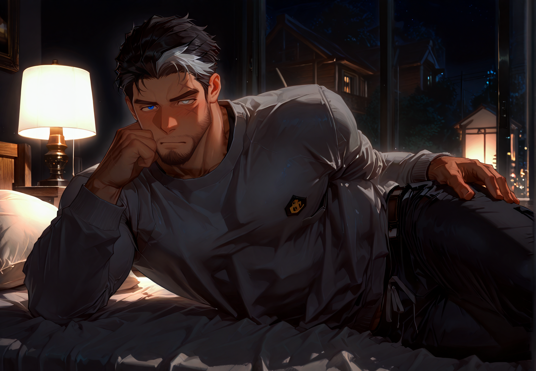 <lora:Hand On Hip lying on elbow - IL:.7> ((hand on hip, hand on own hip, hand on own thigh,  lying, lying on side, on side, head rest on elbow, arm support,))
scar on right eyes, heterochromia, left blue eye, right grey eye, blue eye, grey eye, ((crewneck sweatshirt, full clothes)), 
wooden house, bed, night, window, indoor, bed, on the bed, romantic night, lamp, <lora:DNF_Monk_r1:.9> dnfmonk, muscular male, beard, multicolored hair, scar on face, (very short hair), male focus, muscular male, muscular male, bara, mature, ( bara, mature, facial hair, beard, full beard, sideburn, mustache, stubble), facial hair, bara, mature, body hair, aixiwuganda_(20222192), very awa, masterpiece, best quality, absurdres, newest, perfect quality, detailed background, intricate details,<lora:slider_Body Type_alpha1.0_rank4_noxattn_last:2><lora:Anime Summer Days 2 Style SDXL_LoRA_Pony Diffusion V6 XL:.6><lora:merged:.7>, DARK, DARK BACKGROUND, LOW-KEY LIGHTING <lora:slider_cfg_scale_boost:.7><lora:Artist6p:.55>, Artist6p, Artist04p,<lora:slider_il_brightness_slider_d1:-1><lora:slider_il_contrast_slider_d1:-.25>,<lora:slider_contract_controller_illus01_v1:.3>, <lora:addon_illustriousXLv01_stabilizer_v1.121:.5>,<lora:slider_DarkSlider1.2_alpha1.0_rank16_full_300steps:-.3><lora:style_Heavenly_Beauty_r1:1>, (heavenlybeauty,)