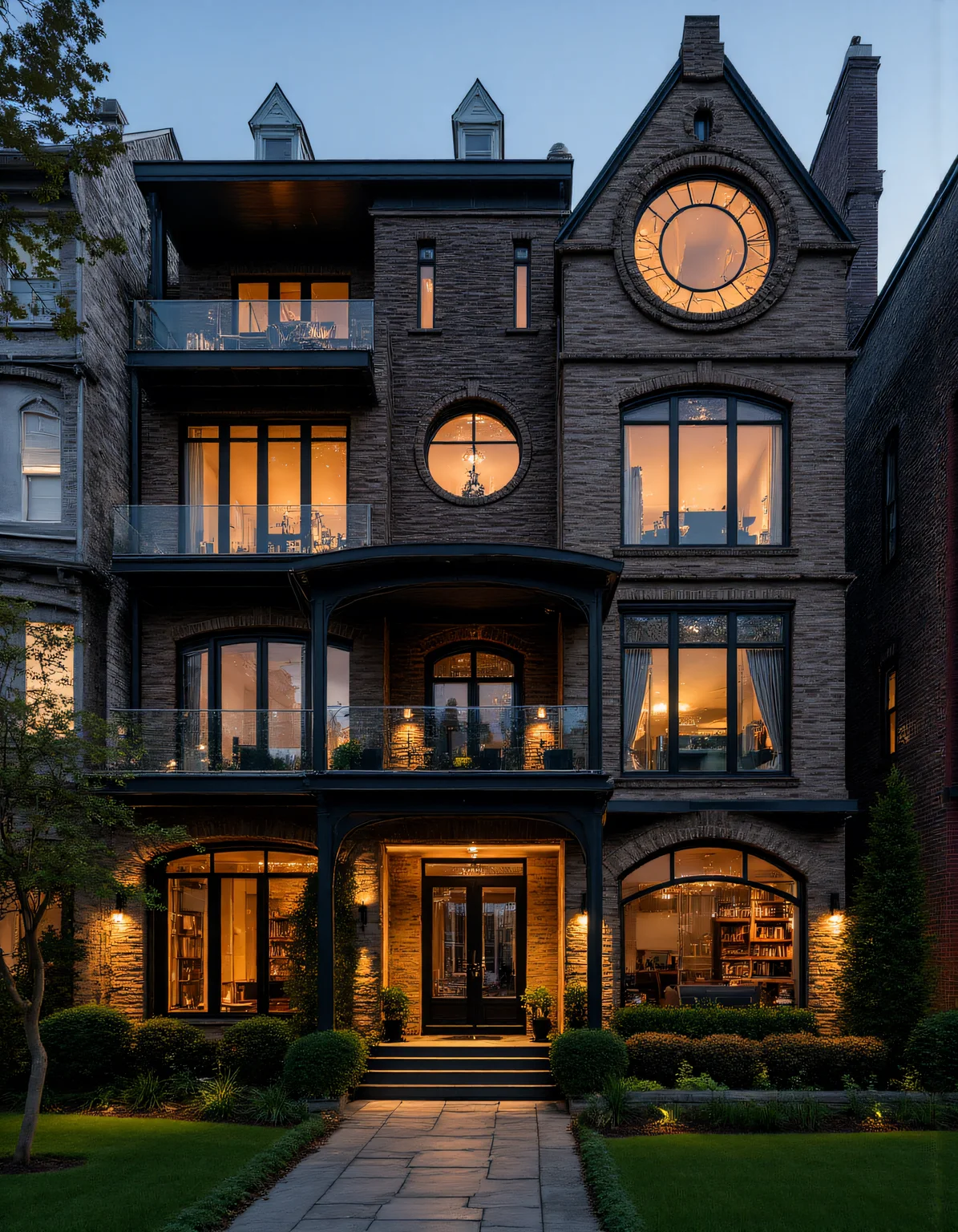 A striking, modern townhouse with a blend of historical and contemporary architecture, featuring a facade of arched, circular windows framed in black steel. The exterior is made of a mix of dark brick and stone, with intricate masonry surrounding the windows. Warm, ambient lighting from within the house highlights the elegant design of the interior, visible through the large, glass-paneled archway on the ground floor. The interior is illuminated with soft, golden light, showcasing a cozy, open-plan living space with modern furnishings and bookshelves. The upper floors feature large circular and arched windows, creating a geometric contrast with the rectangular shape of the house. The scene is set at twilight, with the sky darkening and the warm lights creating a welcoming glow. The foreground features a small garden with manicured bushes and stepping stones leading up to the front entrance. aidmaHyperrealism <lora:aidmaHyperrealismv0.3:0.6> <lora:Sinfully_Stylish_.02_for_FLUX:0.6> in the style of Jed-clrfl <lora:flux-colourful:0.3> <lora:FluxDFaeTasticDetails:0.6>